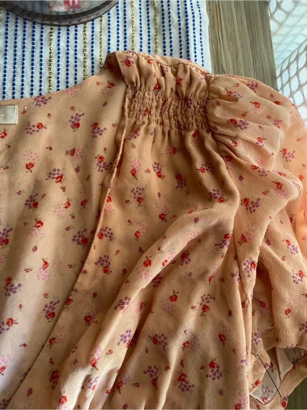 LoveShackFancy Peach Floral V‑Neck Peplum Blouse Silk Sz M